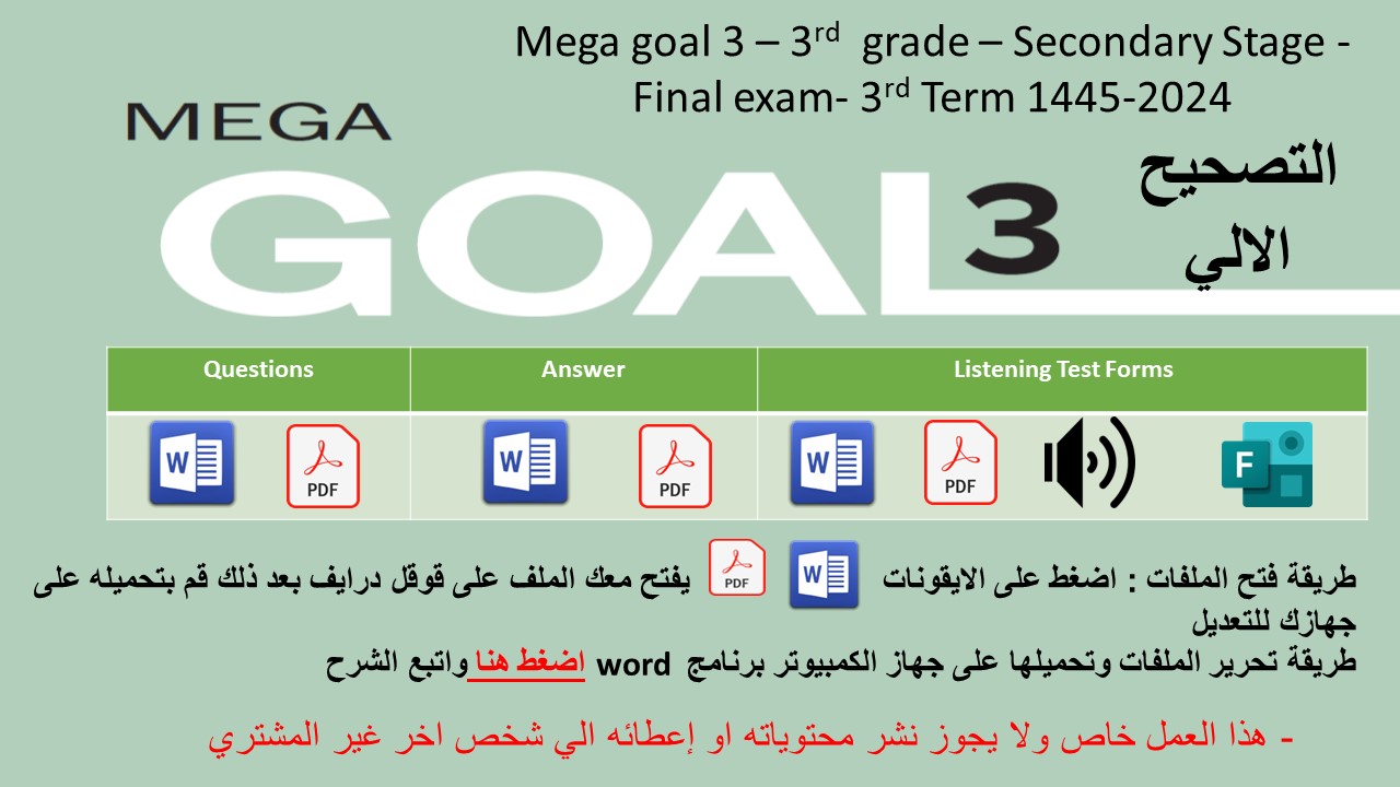 الاختبار النهائي منهج MG3 - English 3.3 الفصل الدراسي الثالث 1445 - الصف الثالث الثانوي + اختبار استماع ( تصحيح الي)